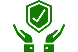 Green shield with checkmark above two hands symbolizing protection.